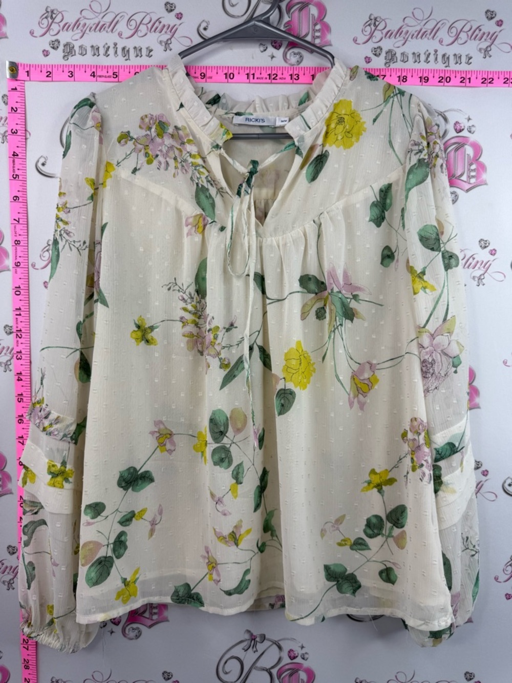 Ricki's blouse flowy Cream Floral Tie-Neck Blouse with Yellow & Green Accents